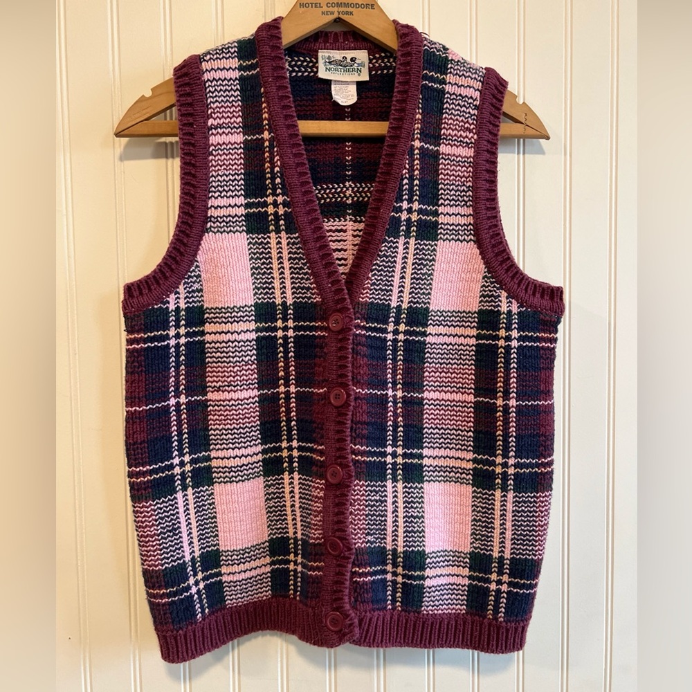 BOGO Northern Reflections Pink & Burgundy Plaid Knit Sweater Vest